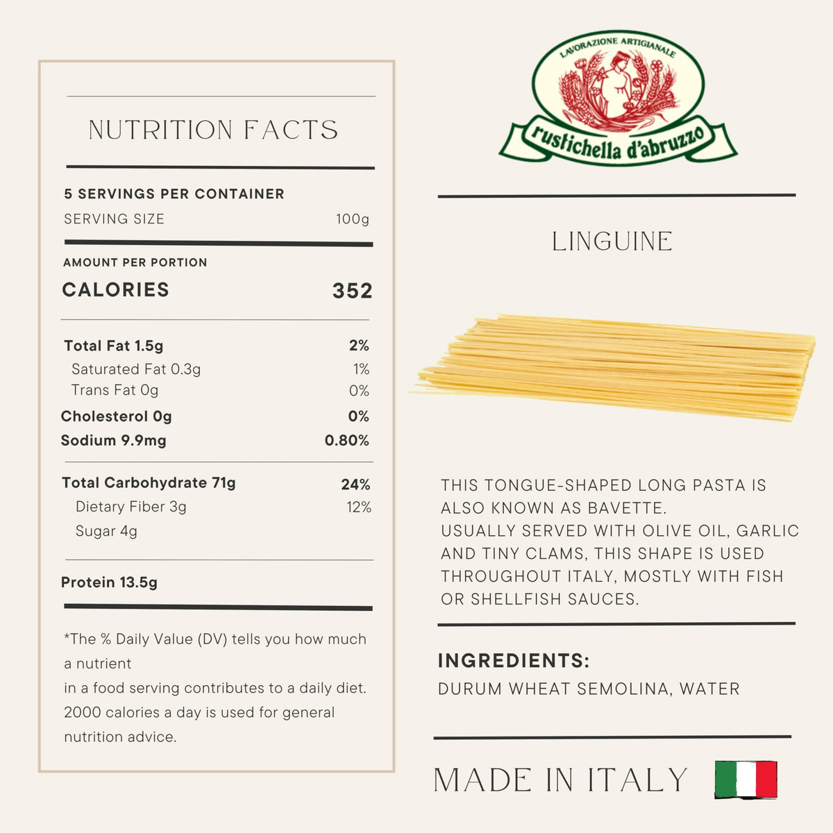 Rustichella d'Abruzzo linguine tongue-shape strands for delicate shellfish dishes.