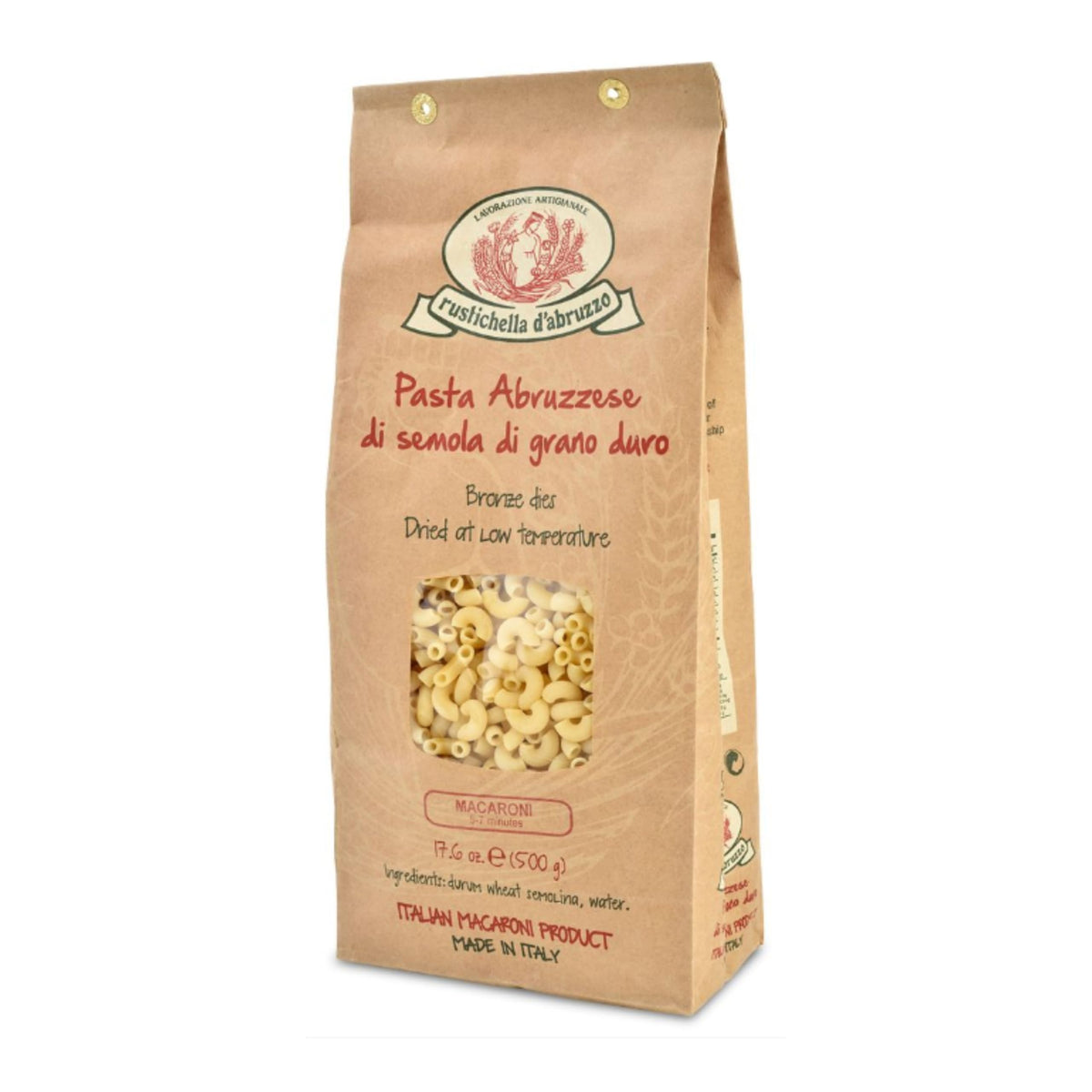 Rustichella d'Abruzzo macaroni 500g front of pack, premium durum wheat for classic pasta dishes.