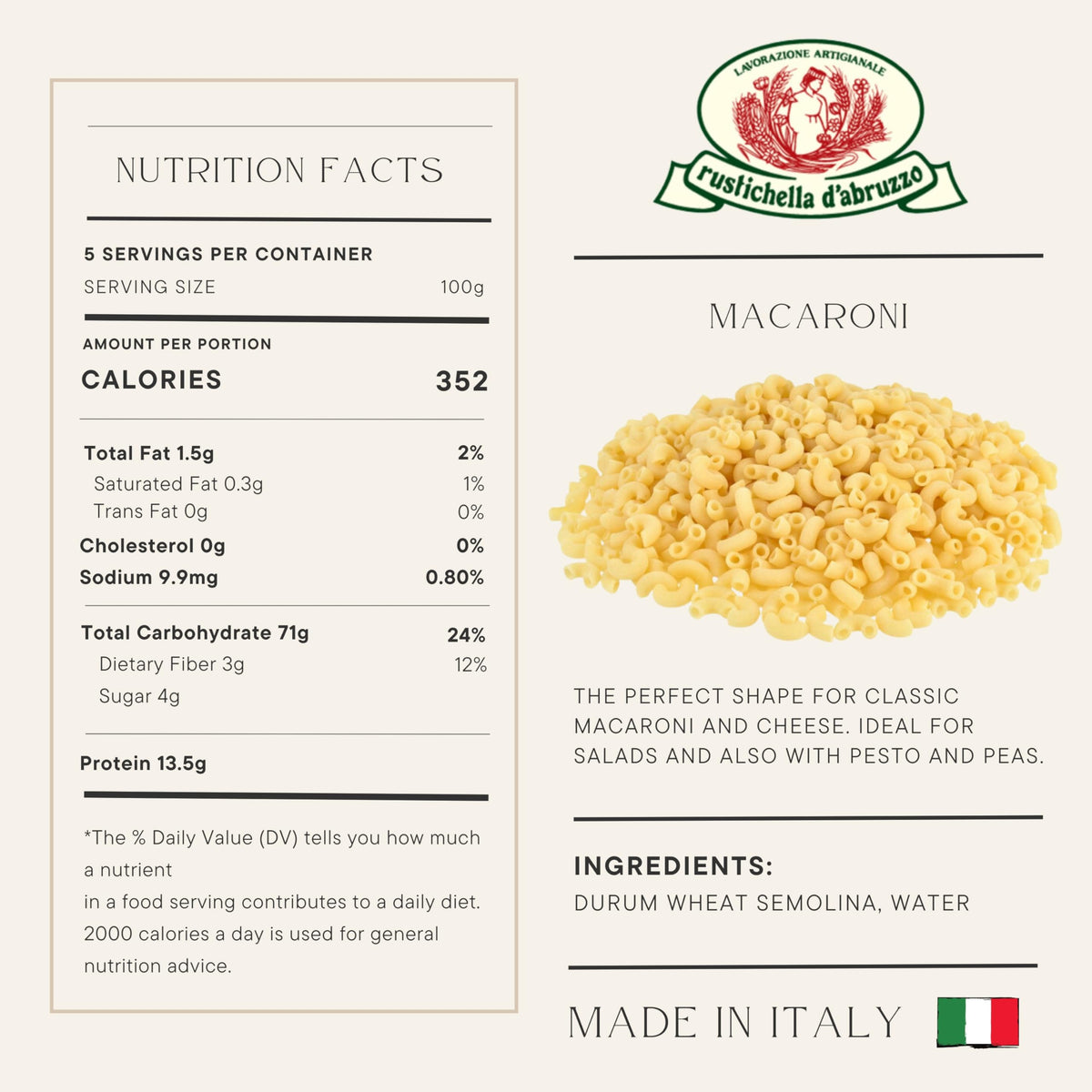 Rustichella d'Abruzzo macaroni raw durum wheat, ideal for hearty everyday meals.