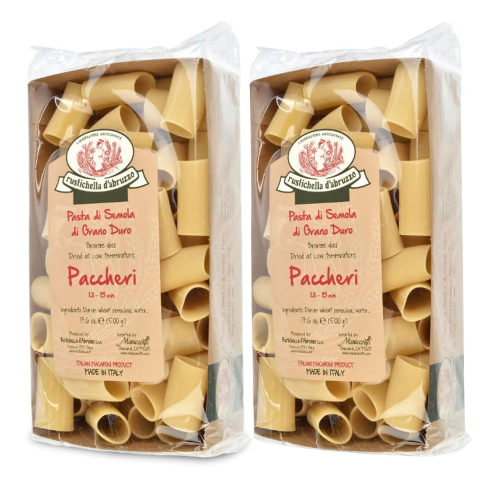Rustichella Abruzzo Paccheri 500g pack ideal for hearty sauces.