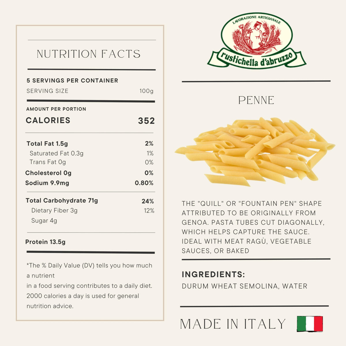 Rustichella d'Abruzzo penne quill shape close-up highlights sauce-catching design