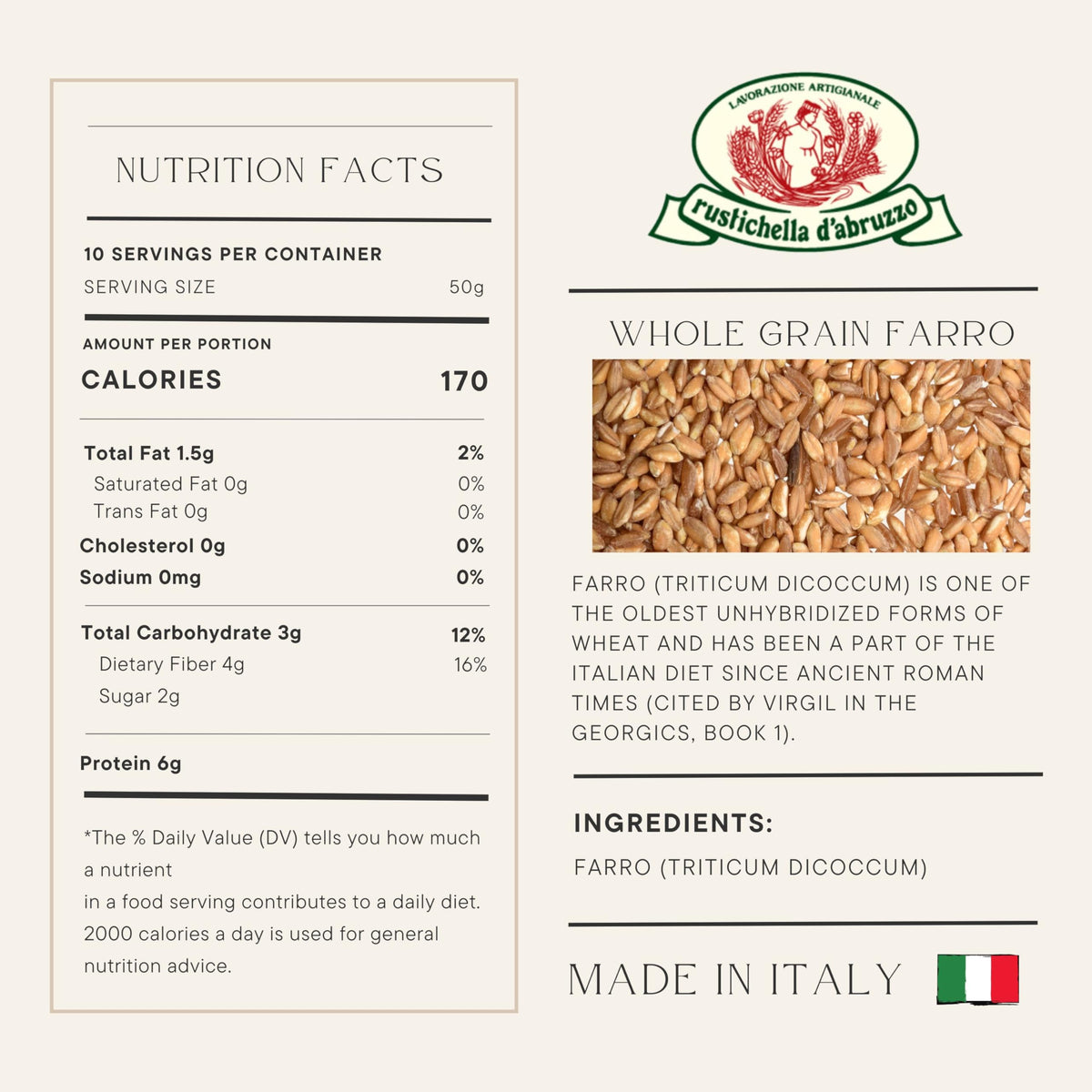 Rustichella d'Abruzzo semi-pearled farro cooking image emphasizes easy prep and chewy texture