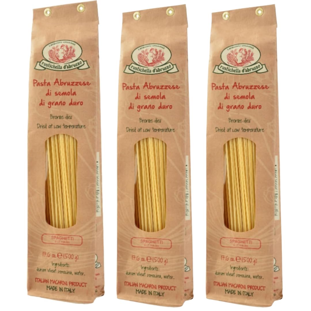 Rustichella d'Abruzzo spaghetti pack front view highlighting premium durum wheat