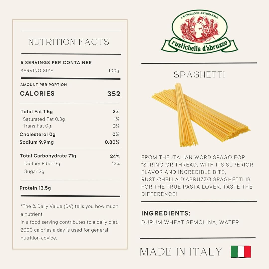 Rustichella d'Abruzzo spaghetti pack label closeup showing authenticity