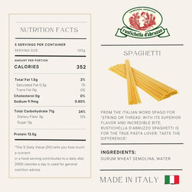Rustichella d'Abruzzo spaghetti pack label closeup showing authenticity