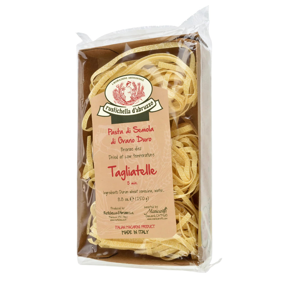 Rustichella d'Abruzzo tagliatelle served in a warm bowl to elevate Bolognese.