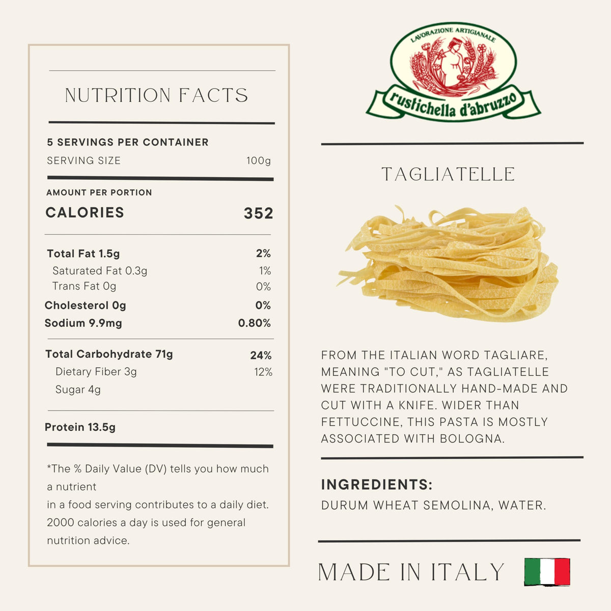Rustichella d'Abruzzo tagliatelle traditional-cut texture highlights rustic bite.