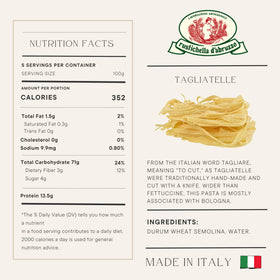 Rustichella d'Abruzzo tagliatelle traditional-cut texture highlights rustic bite.