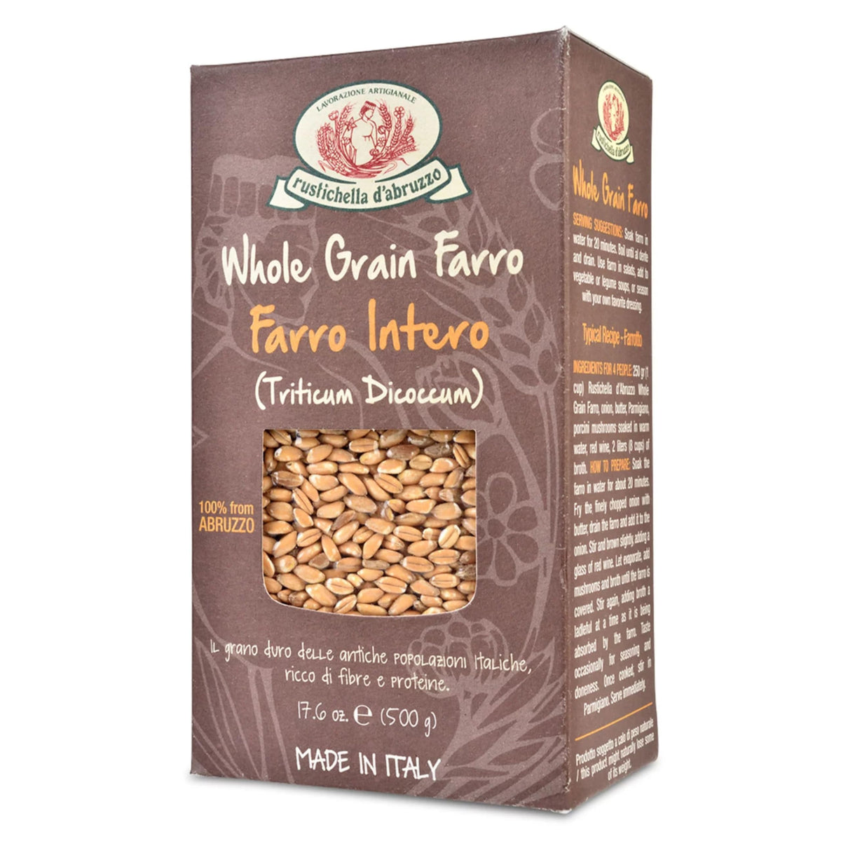 Rustichella d'Abruzzo whole grain farro packaging highlighting premium versatility for everyday meals