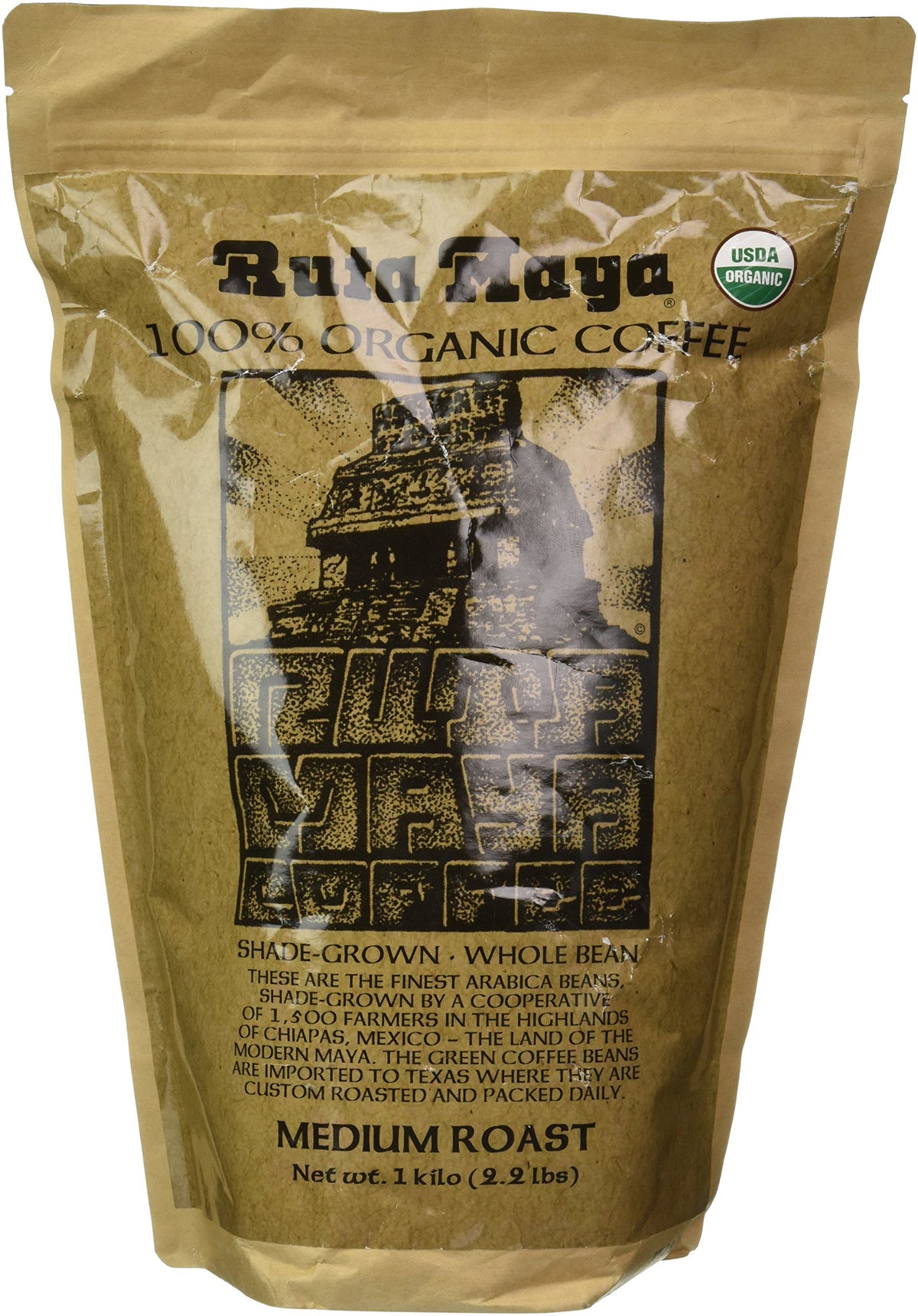 Ruta Maya Medium Roast coffee bag shows rich aroma and smooth body.