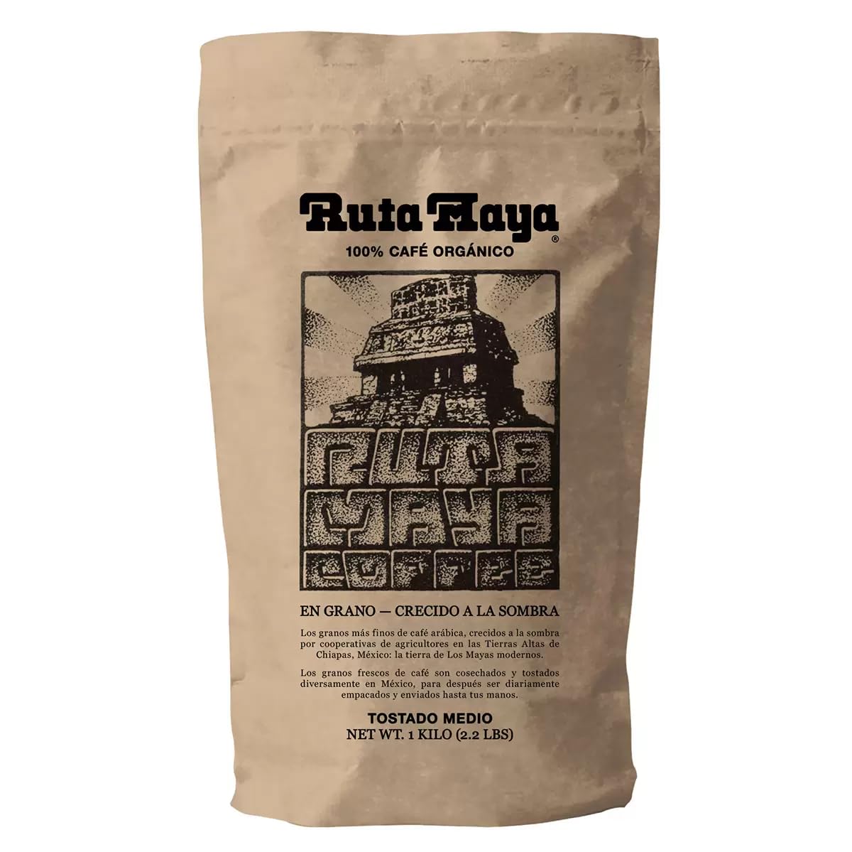Ruta Maya Organic Coffee Medium Roast whole beans, smooth and balanced flavor.