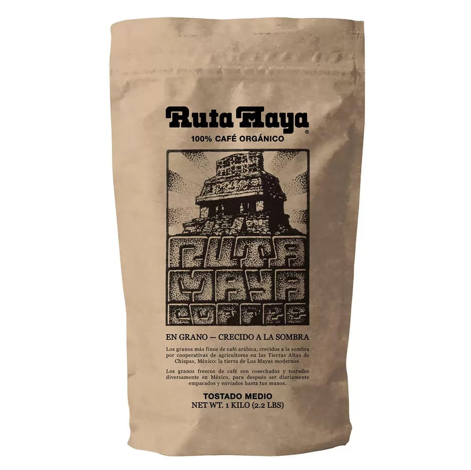 Ruta Maya Organic Coffee Medium Roast whole beans, smooth and balanced flavor.