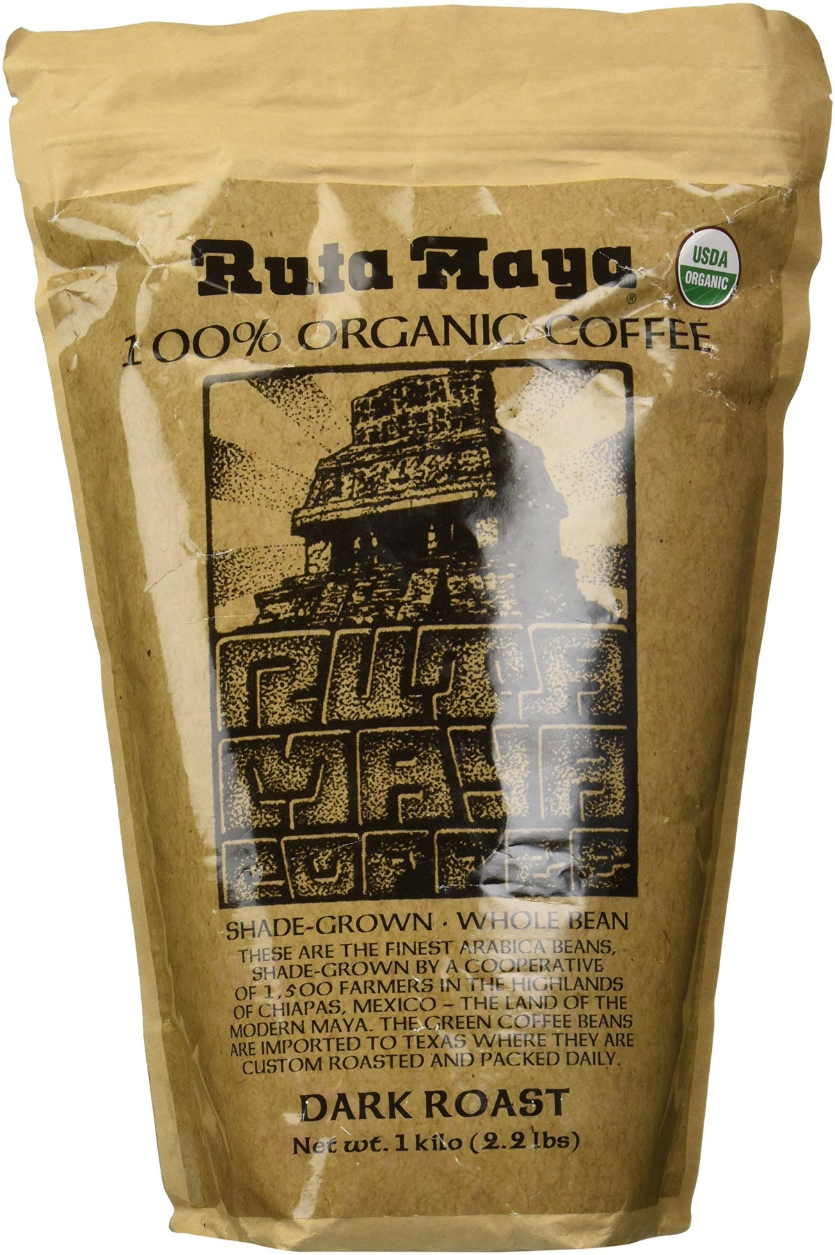 Ruta Maya Organic Dark Roast coffee bag with whole beans for rich, smooth mornings