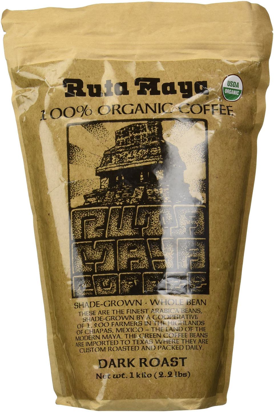 Ruta Maya Organic Dark Roast coffee bag with whole beans for rich, smooth mornings