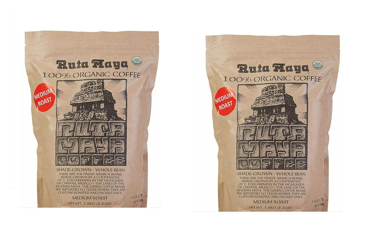 Ruta Maya Organic Medium Roast whole beans close-up with rich aroma ready for grinding