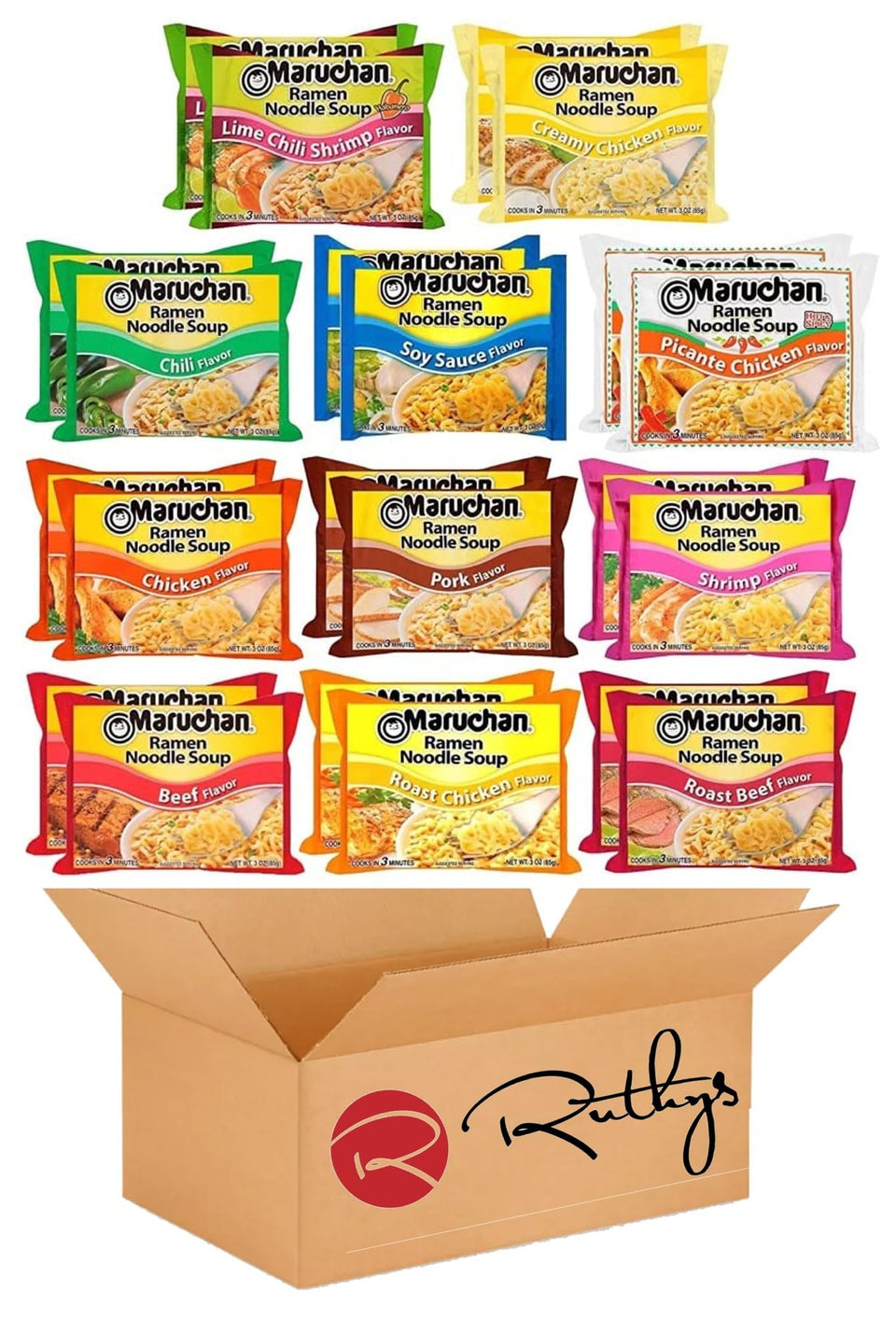 Ruthy's Outlet ramen variety pack offering 12 flavors for quick weeknight meals.
