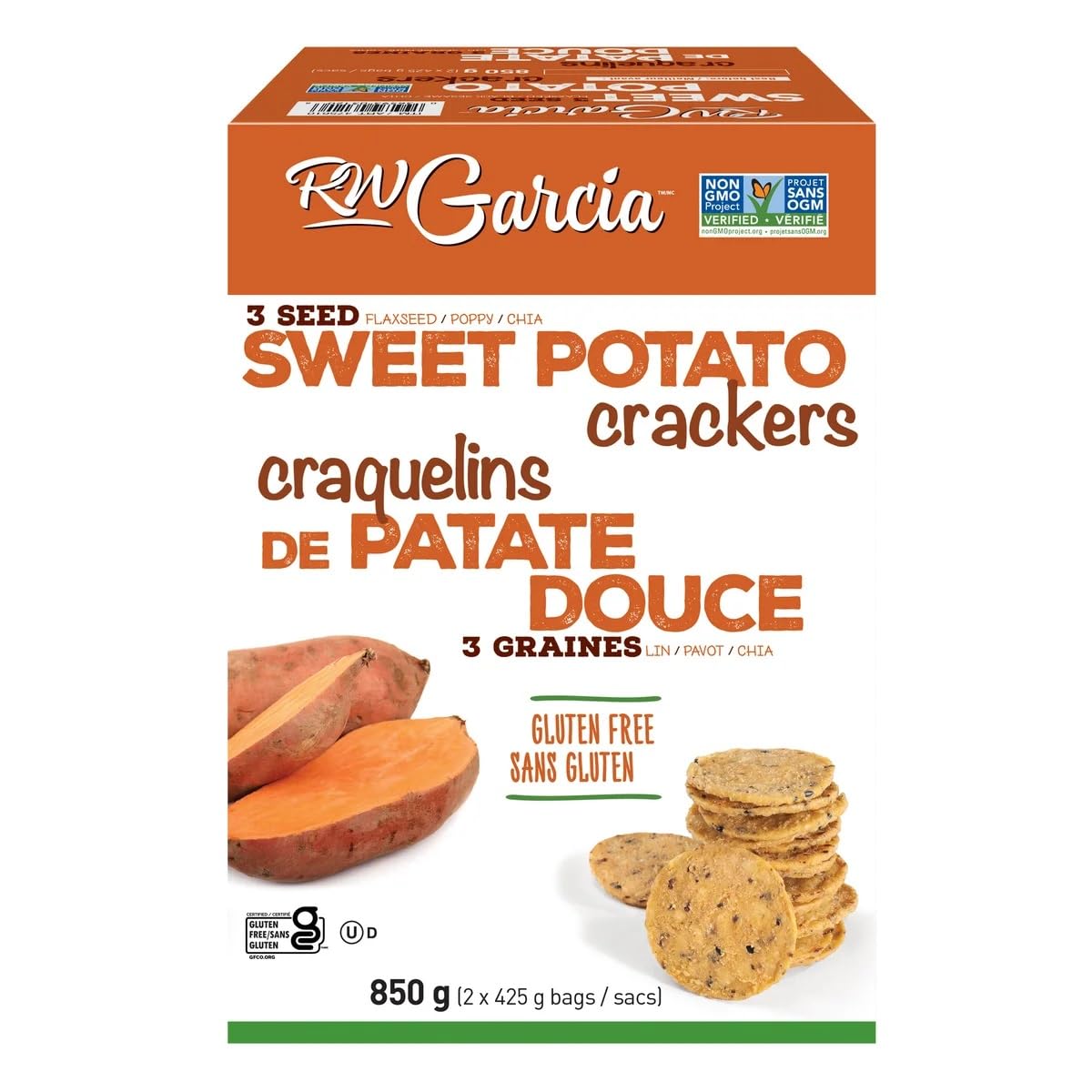 RW Garcia 3-Seed Sweet Potato Crackers bags, two 15 oz packs, pantry snacking.