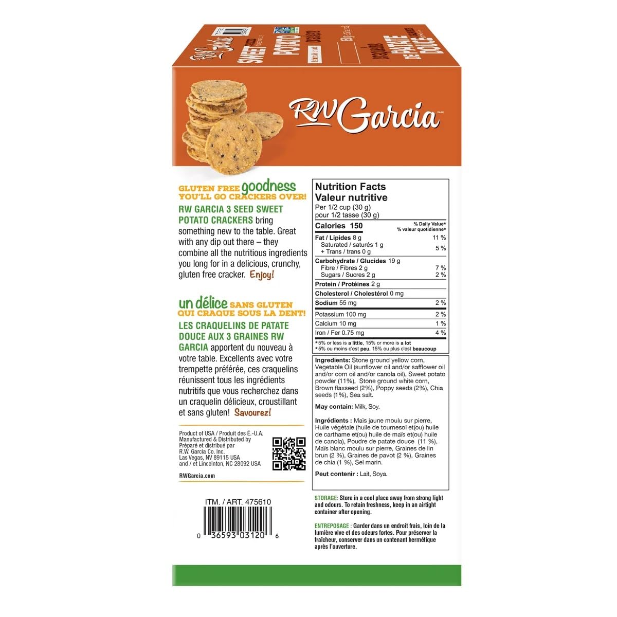 RW Garcia 3-Seed Sweet Potato Crackers close-up showing crisp texture and seeds.