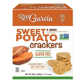 RW Garcia Organic Sweet Potato Cracker packaging highlights gluten-free, no sugar added snack.