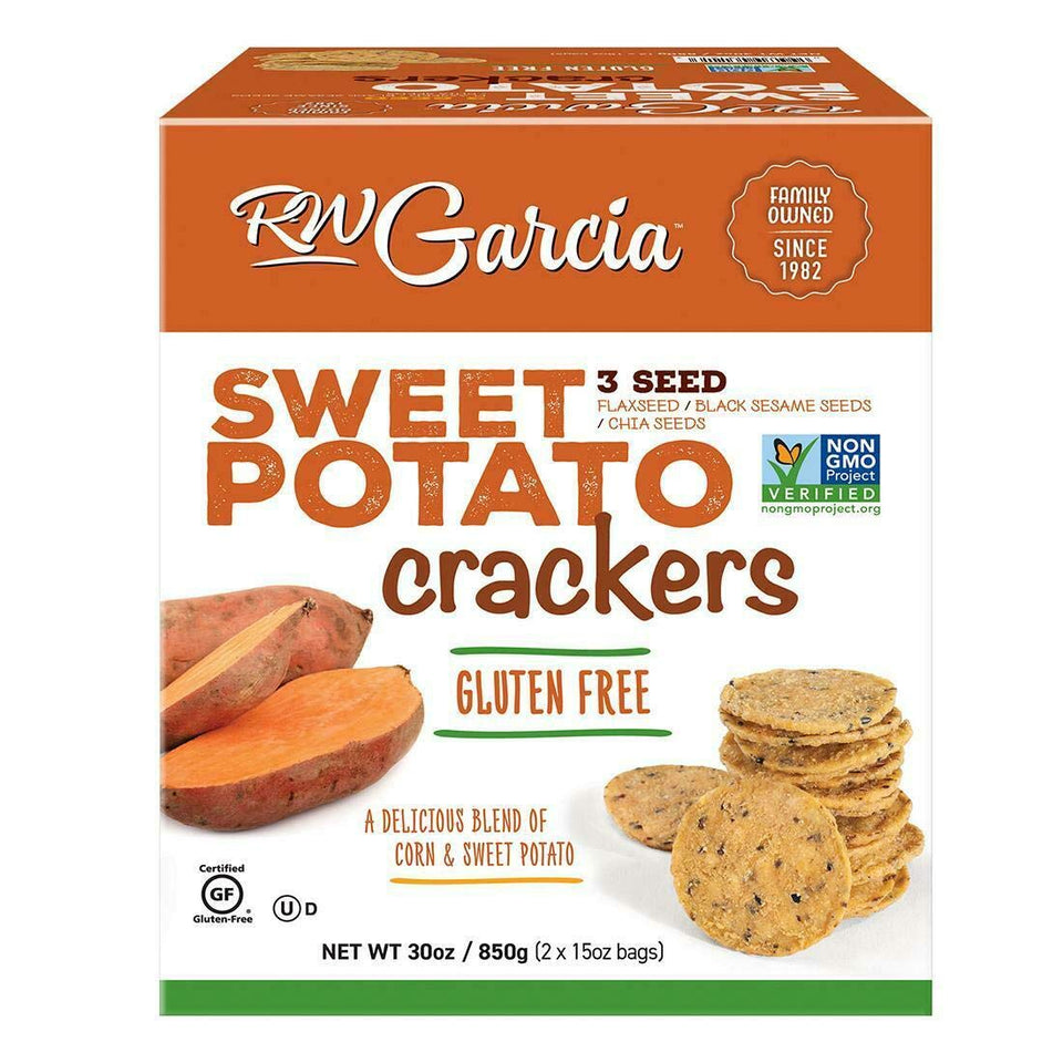 RW Garcia Organic Sweet Potato Cracker packaging highlights gluten-free, no sugar added snack.