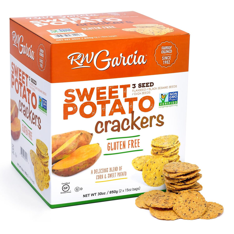 RW Garcia Sweet Potato 3 Seeds Crackers packaging on a light surface, gluten-free snacking.
