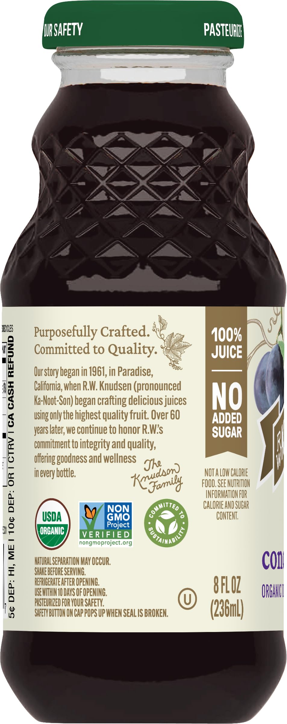 R.W. Knudsen Concord grape juice pour glass, ready for everyday beverages.