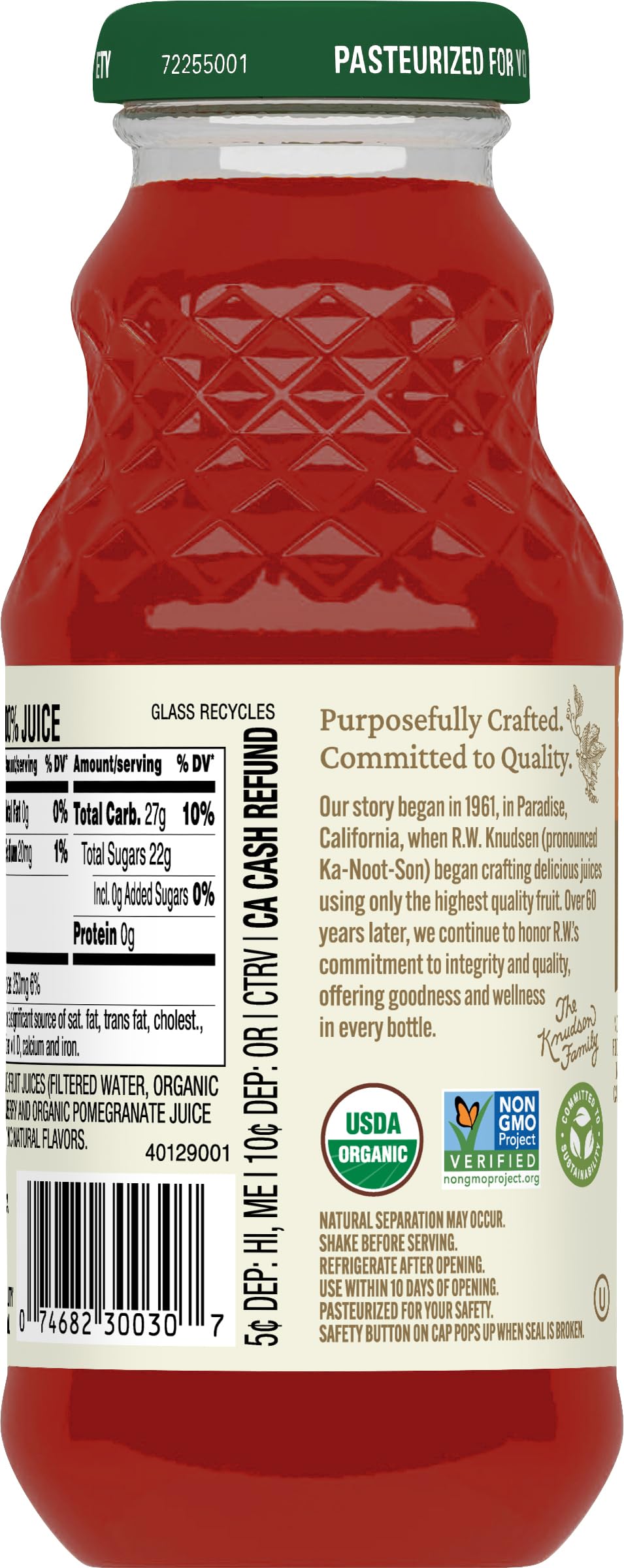 R. W. Knudsen Organic Cranberry Pomegranate juice packaging in 8oz bottle