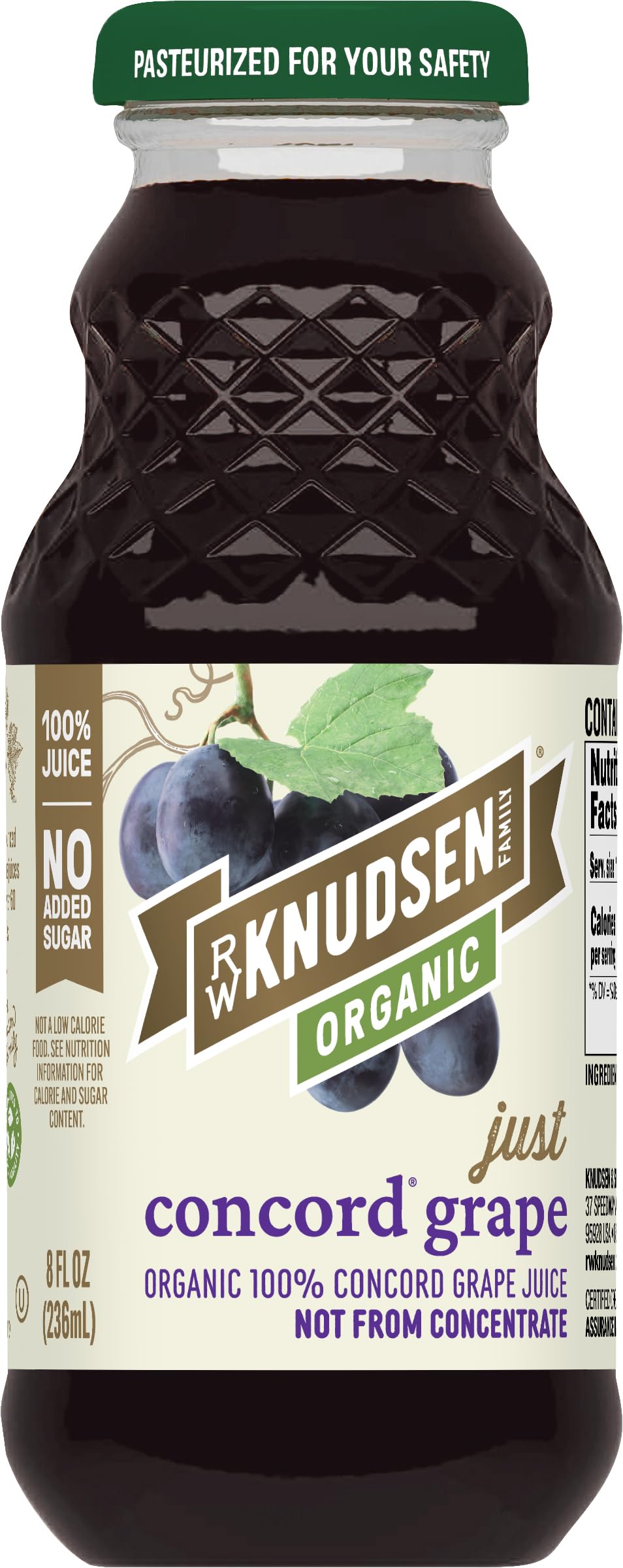 R.W. Knudsen Organic Just Concord Grape Juice bottle, 100% juice, no added sugar.