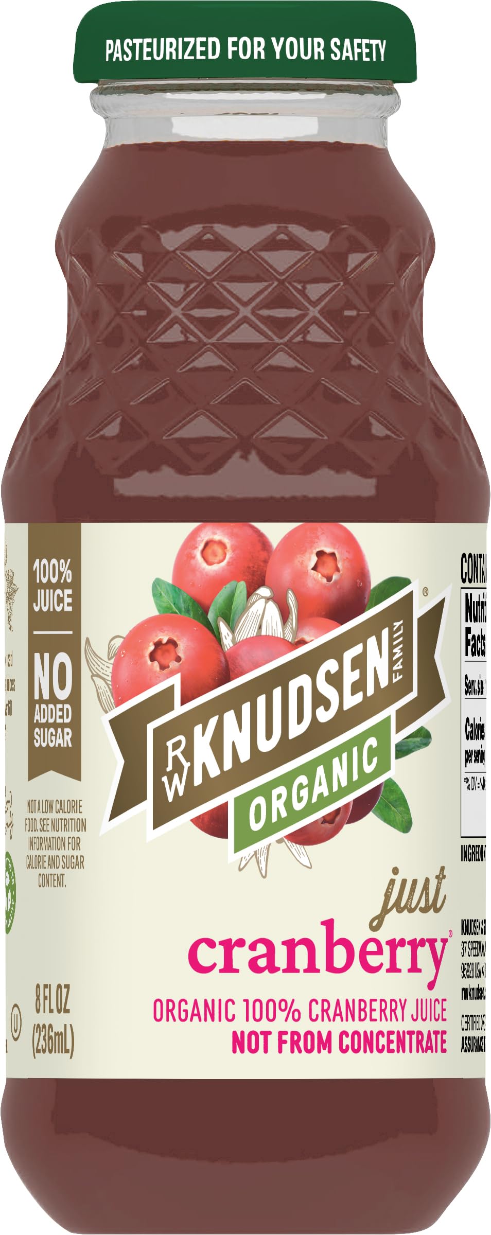 R.W. Knudsen Just Cranberry Juice bottle front shows organic certification and 100% juice.
