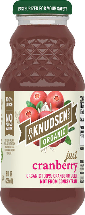 R.W. Knudsen Just Cranberry Juice bottle front shows organic certification and 100% juice.