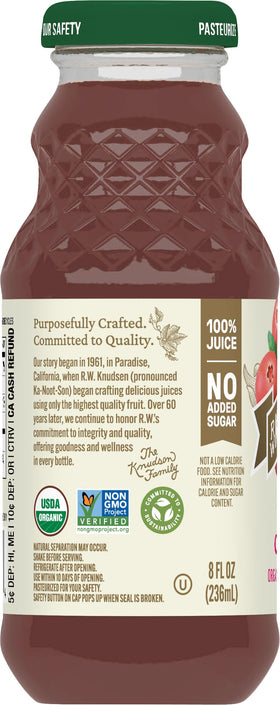 R.W. Knudsen Just Cranberry Juice glass poured ready to sip with tart flavor.