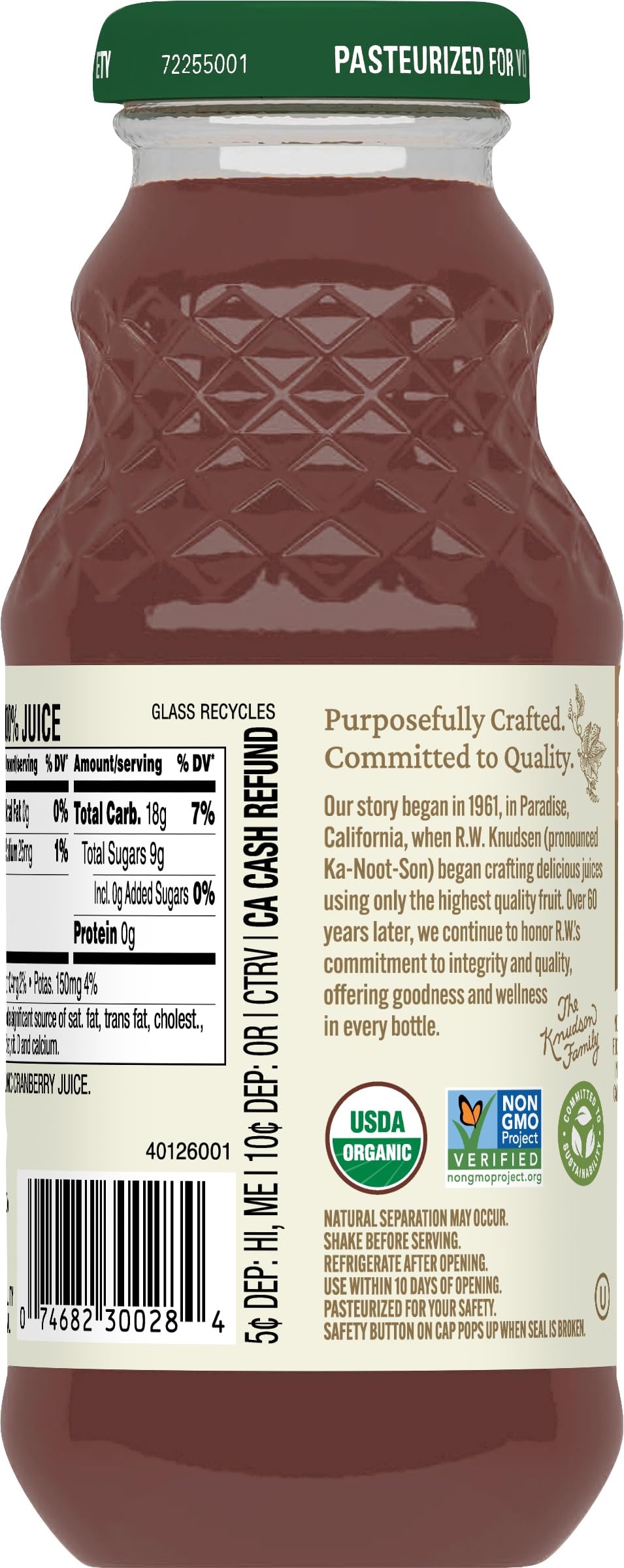 R.W. Knudsen Organic Just Cranberry Juice 12-pack packaging for family use.