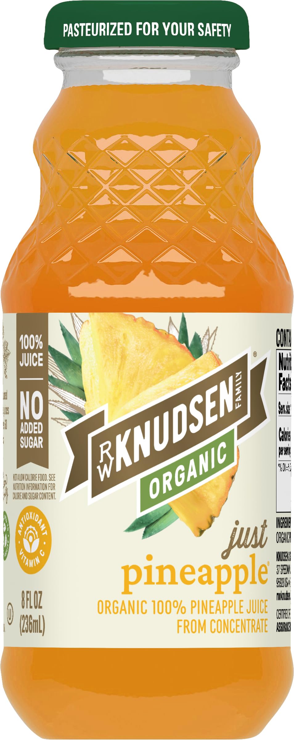 R.W. Knudsen Just Pineapple Juice bottle displaying organic, not-from-concentrate juice