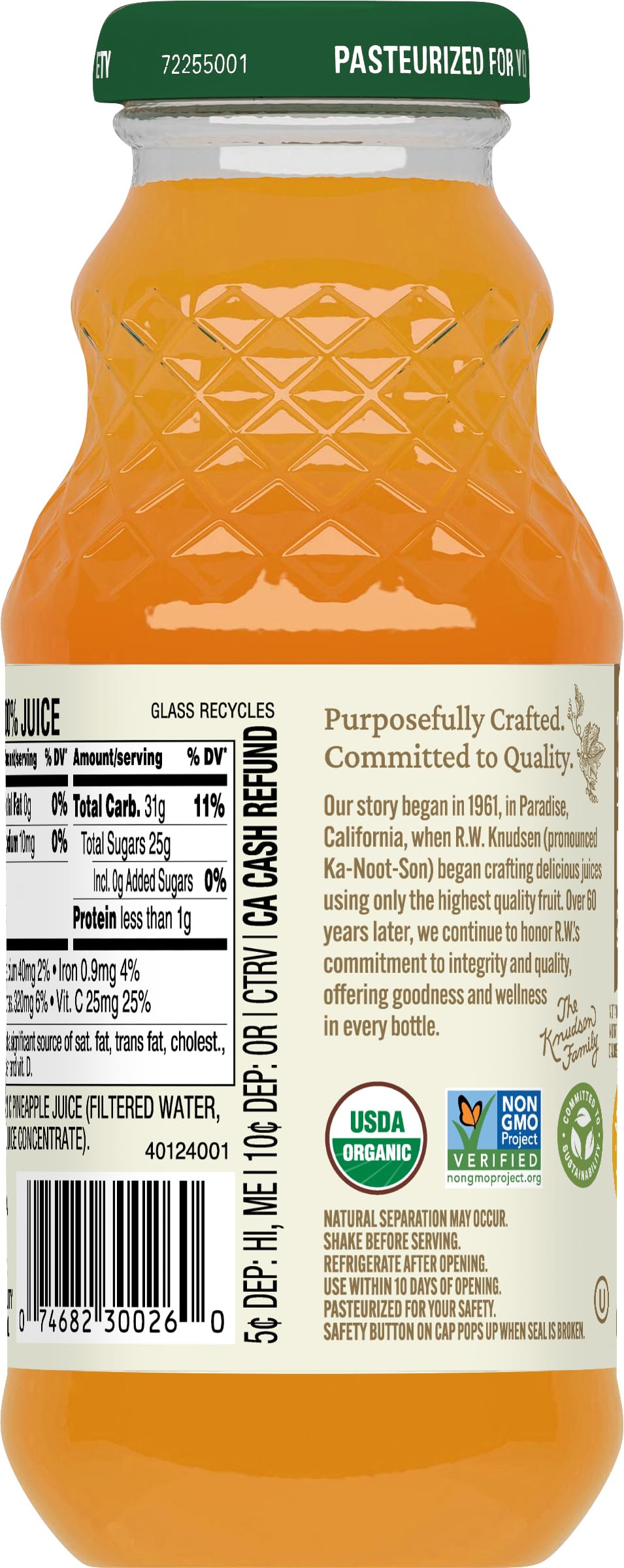 Closeup of R.W. Knudsen Organic label on pineapple juice bottle