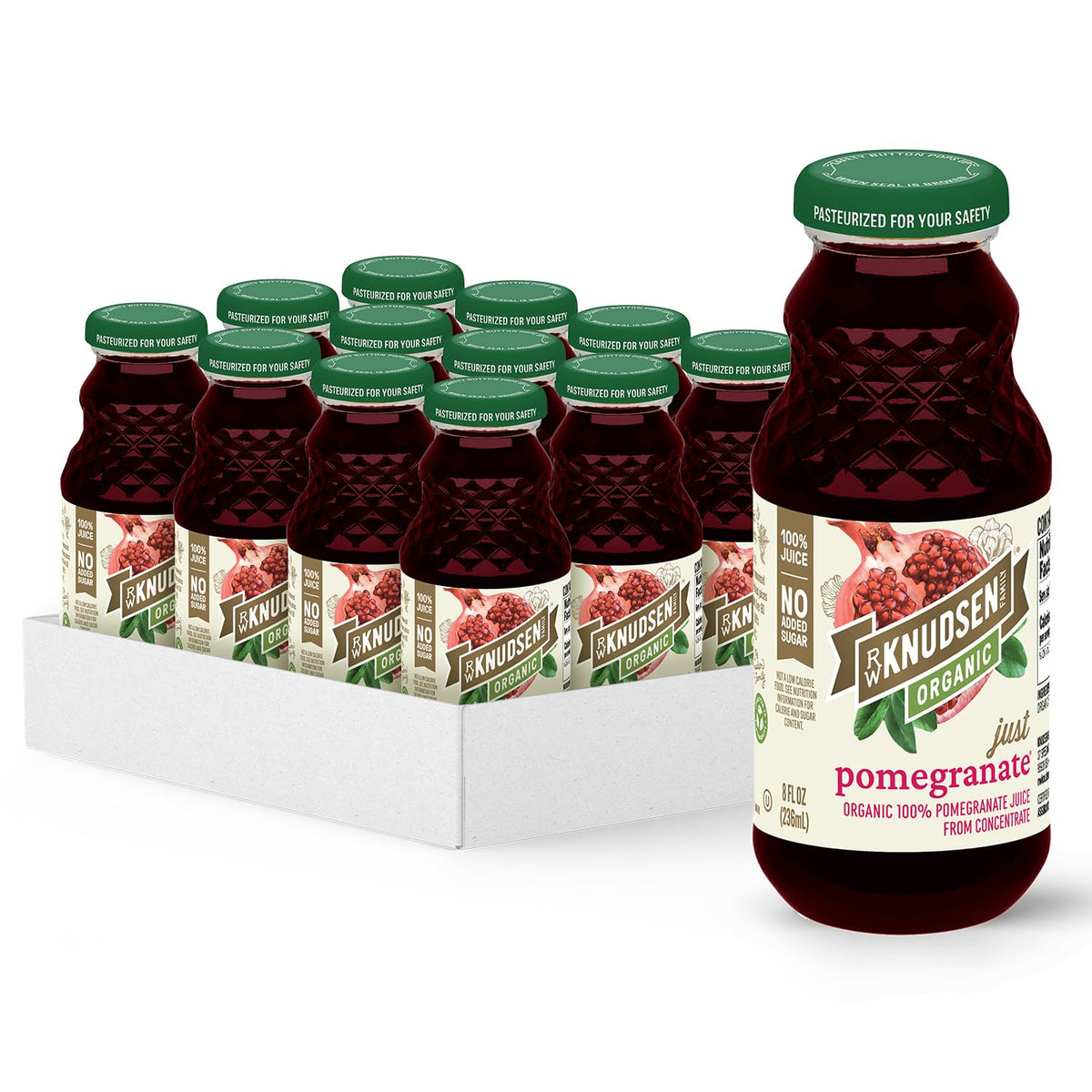 R.W. Knudsen bottle front shows 100% juice for everyday refreshment.