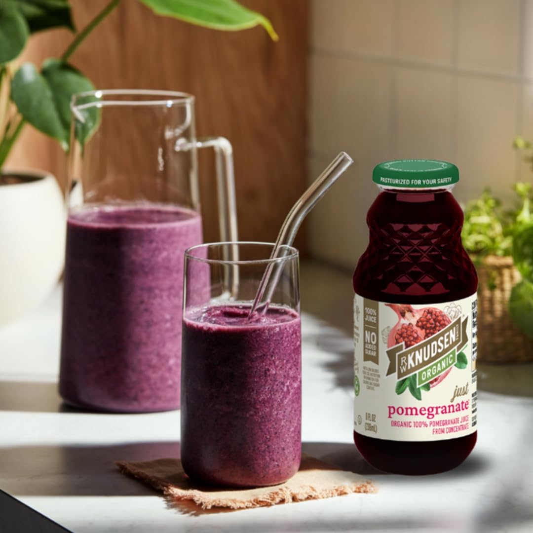 R.W. Knudsen juice poured in a glass shows ruby color.