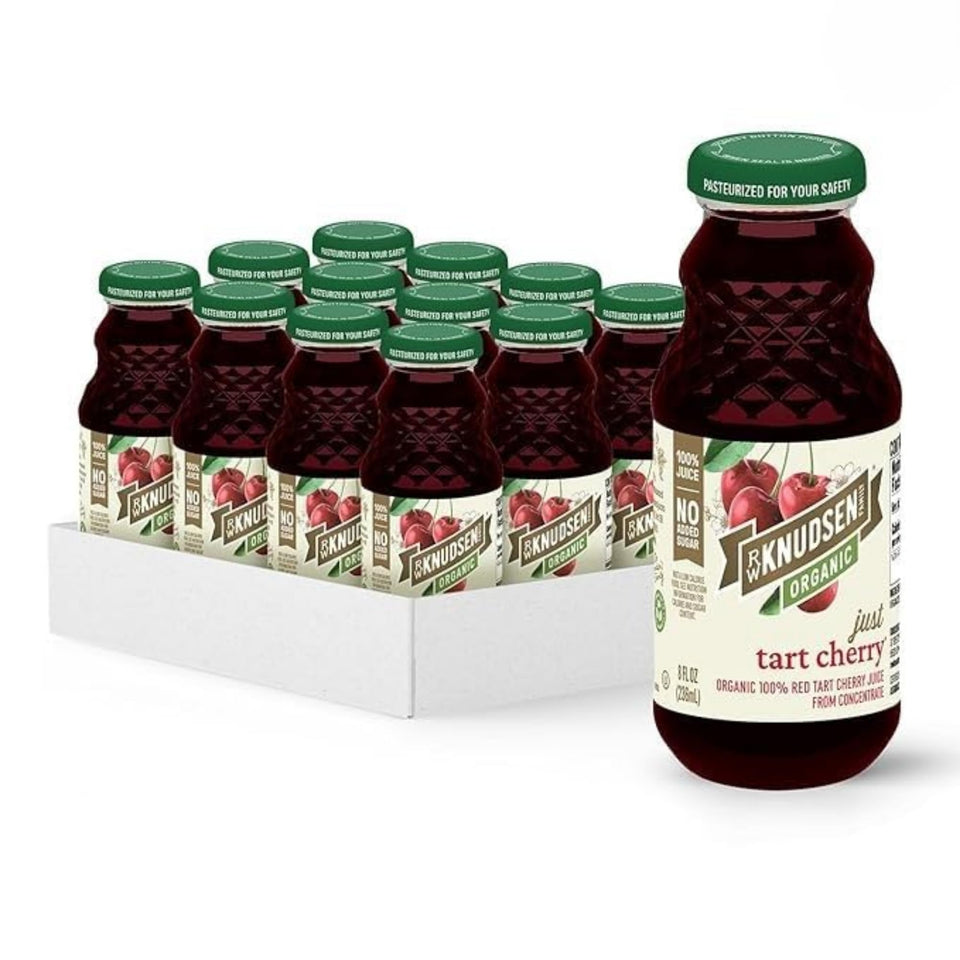 R.W. Knudsen Organic Tart Cherry Juice bottle on shelf, perfect for smoothies