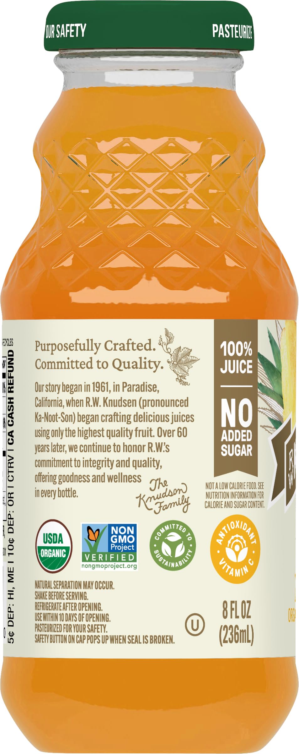 Glass of R.W. Knudsen Pineapple Juice showing vibrant color