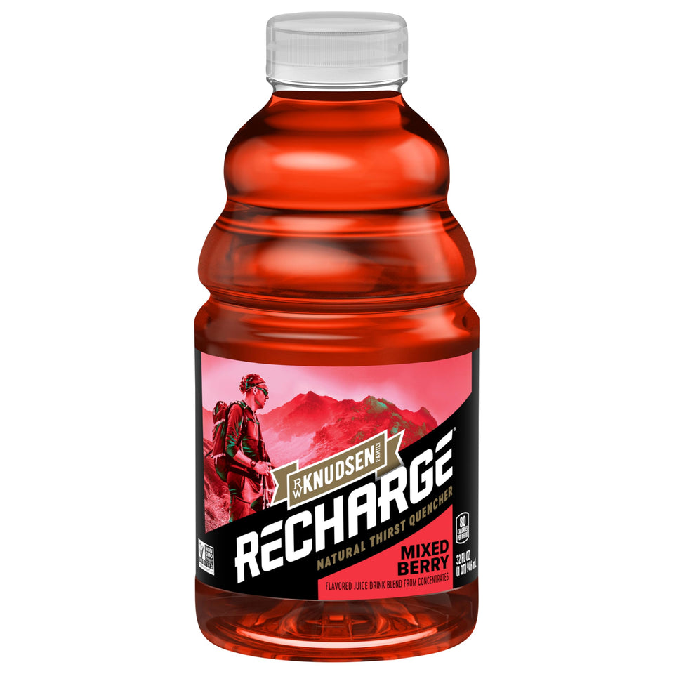 R.W. Knudsen Recharge Mixed Berry bottle highlights natural juice for refreshed hydration.