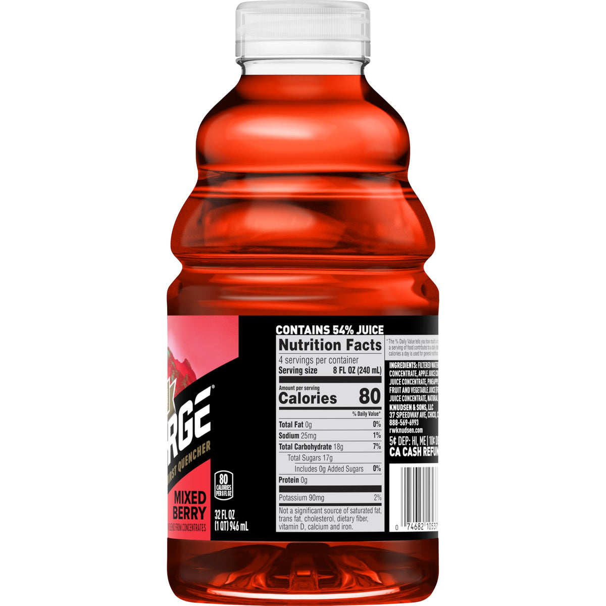 R.W. Knudsen Recharge Mixed Berry label close-up highlights Non-GMO and no artificial flavors.