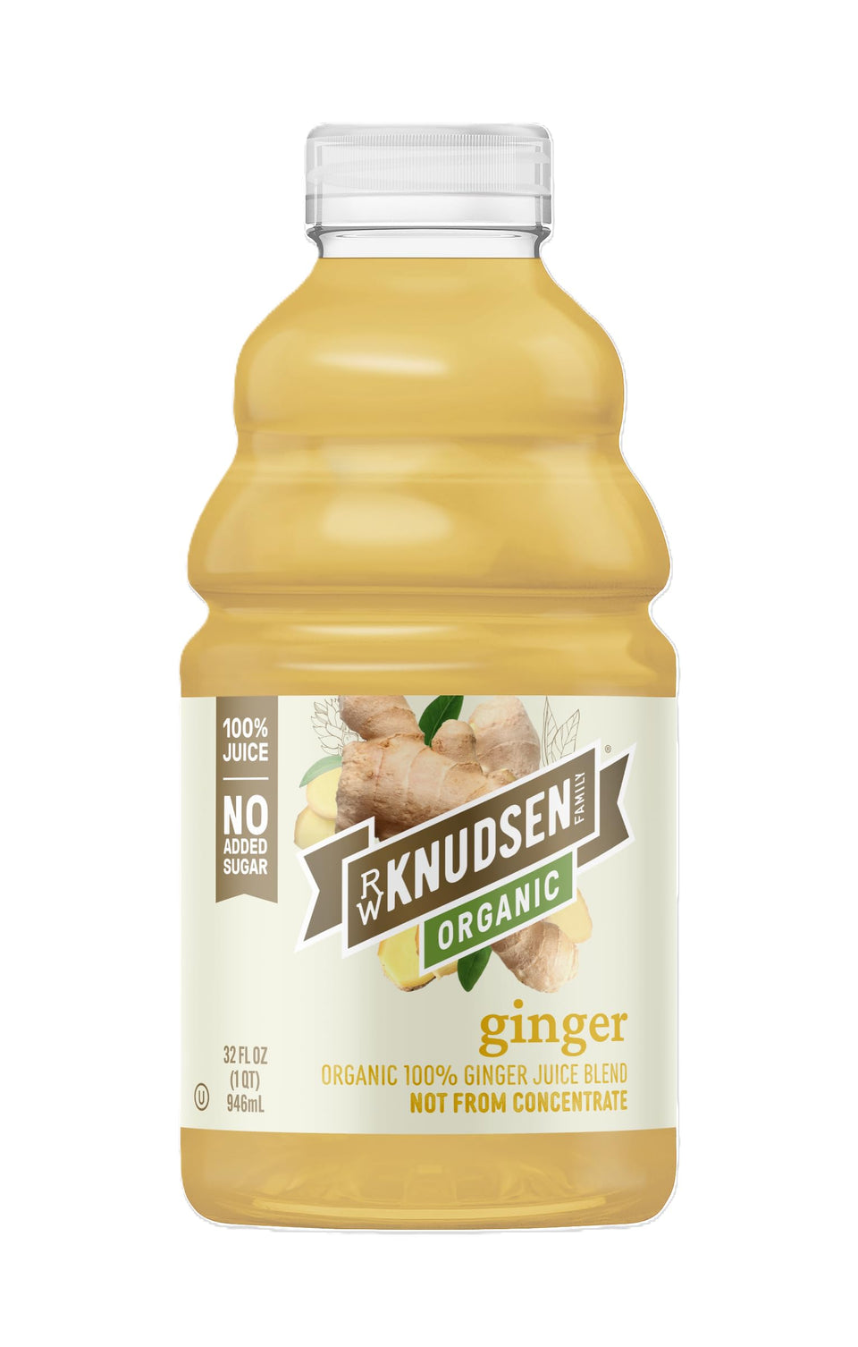 R.W. Knudsen Ginger Juice bottle front, organic 100% juice suitable for everyday cooking.