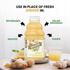 R.W. Knudsen Ginger Juice label closeup, highlighting organic and straightforward ingredients.
