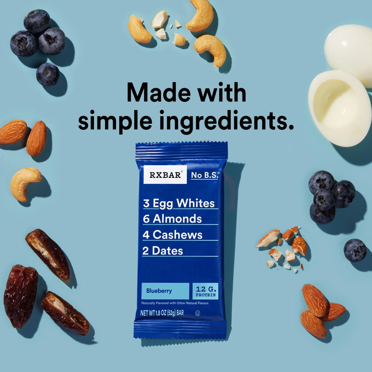 RXBAR Blueberry ingredients close-up showing eggs, almonds, cashews, and dates.