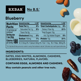 RXBAR Blueberry bars out of wrapper ready to eat for on-the-go use.