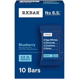 RXBAR Blueberry packaging box highlighting simple ingredients for quick snacking.
