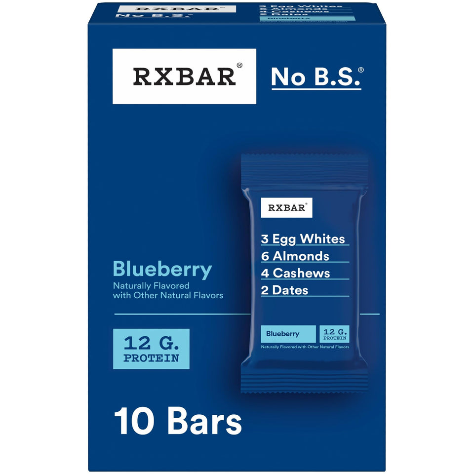 RXBAR Blueberry packaging box highlighting simple ingredients for quick snacking.