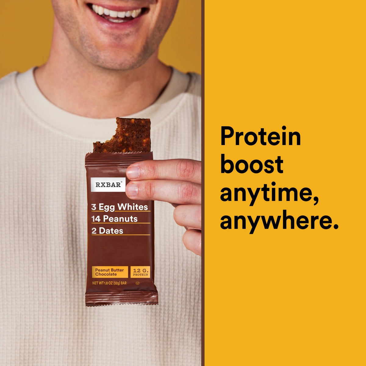 Box image with ten bars demonstrates convenient, ready-to-eat nutrition at home or gym.