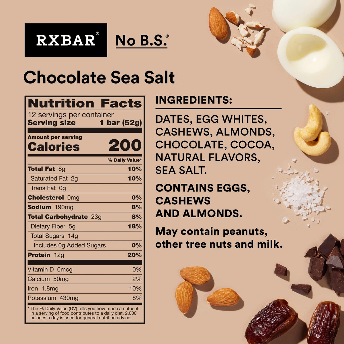 Close-up of RXBAR Chocolate Sea Salt bar texture with almonds and egg whites