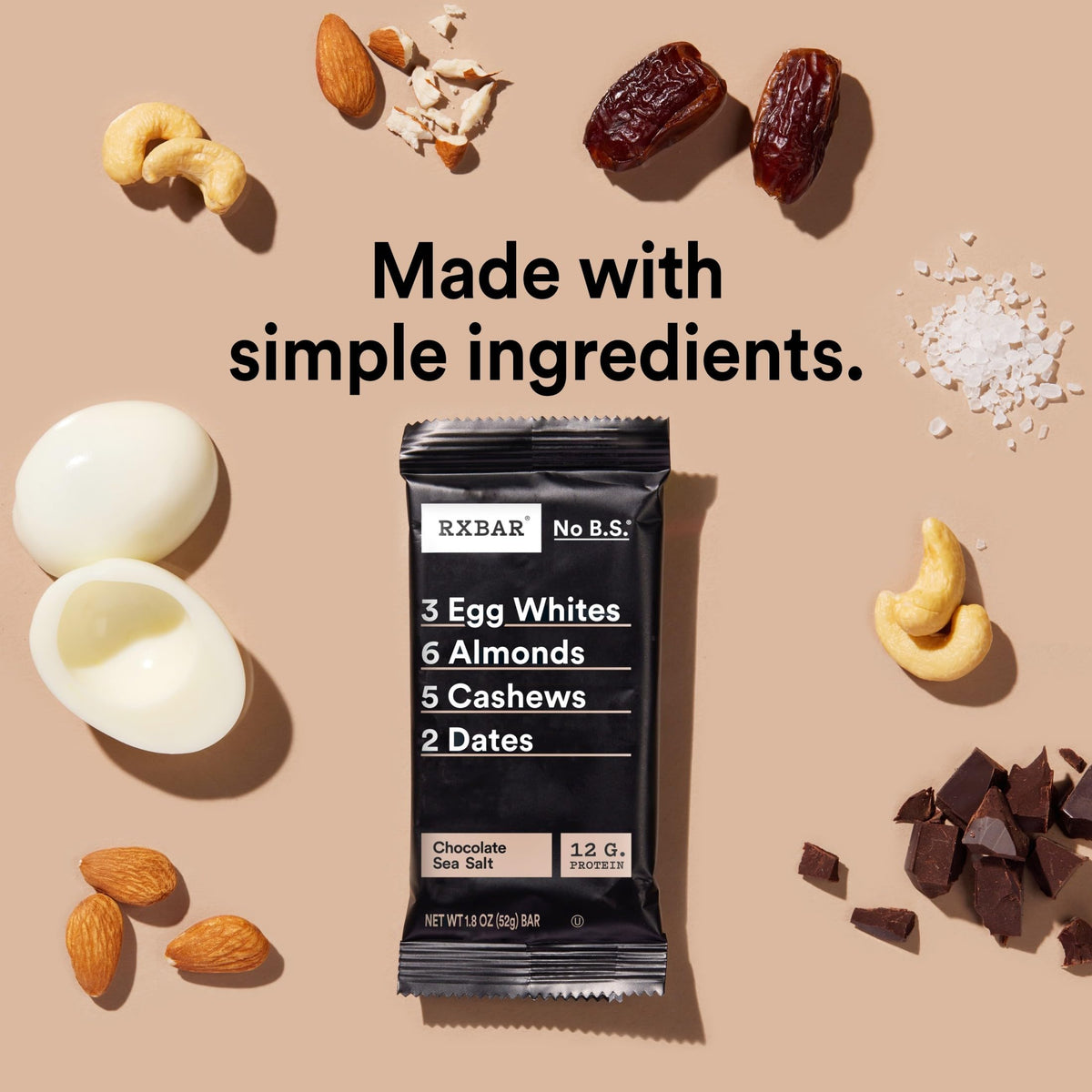 Close-up of RXBAR ingredients: egg whites, almonds, cashews, dates