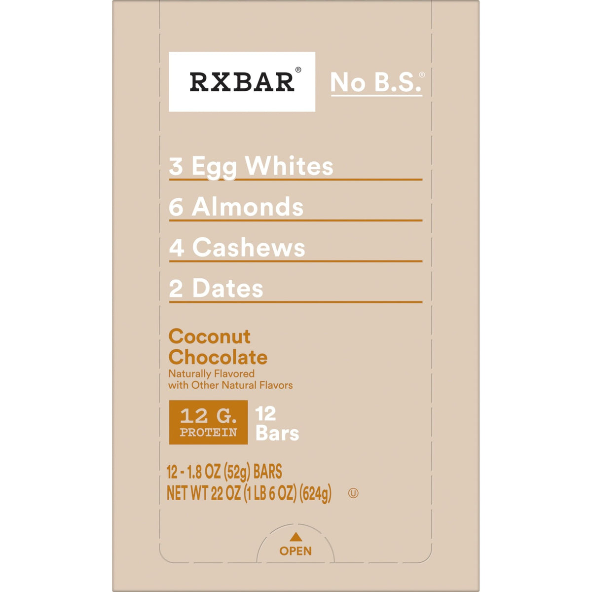 RXBAR Coconut Chocolate 12 bars in 22oz box, ready to stock pantry